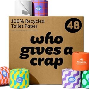 Who Gives A Crap 100% Recycled 3 Ply Double Length Toilet Paper Rolls, 400 Sheets, Pack of 48